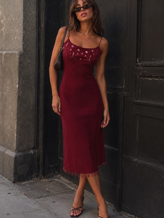 Express Dresses & Skirts - vintage express silk Y2K Burgundy beaded slip dress with sequin embellishments